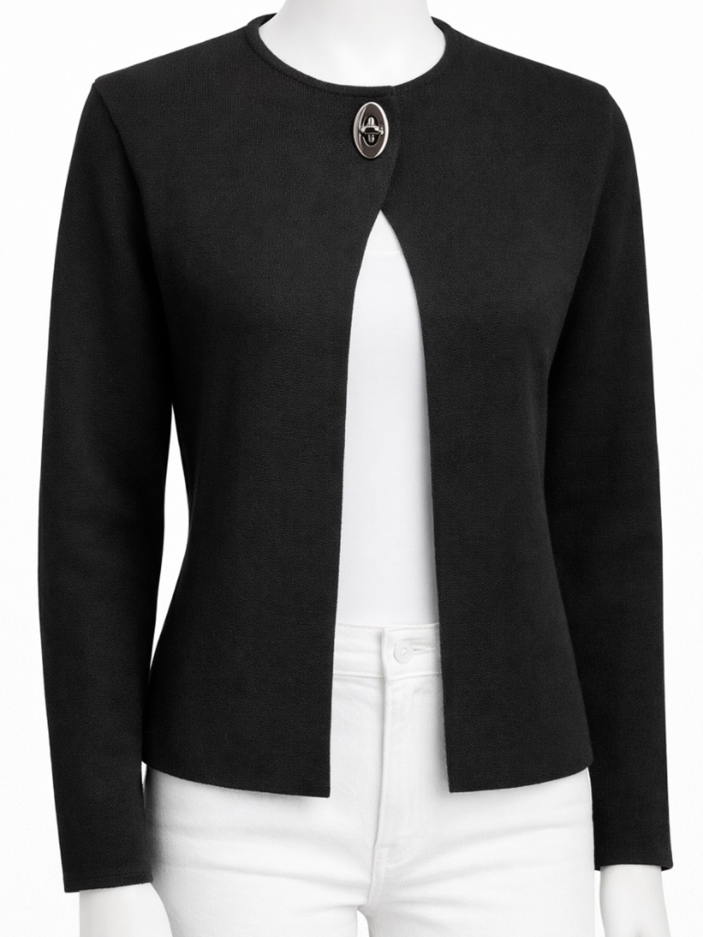 Sioni Black Knit Cardigan Sweater with Oval Gunmetal Toggle Clasp – Size Small